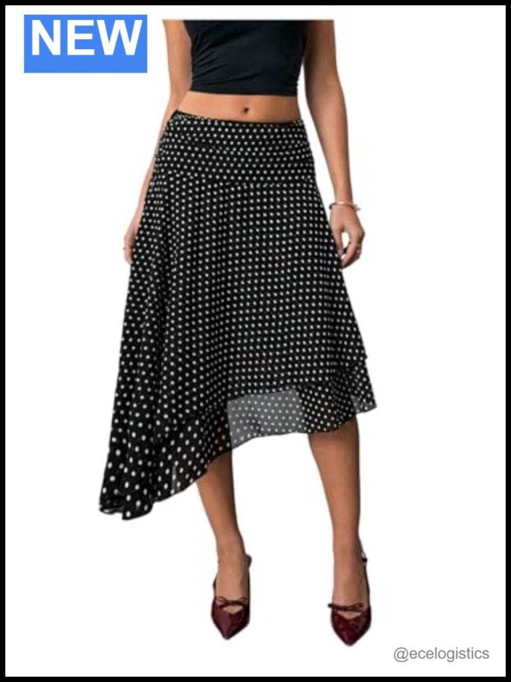 Chiffon Polka Dot Midi Skirt Asymmetrical Tiered Flowy Swing Skirt